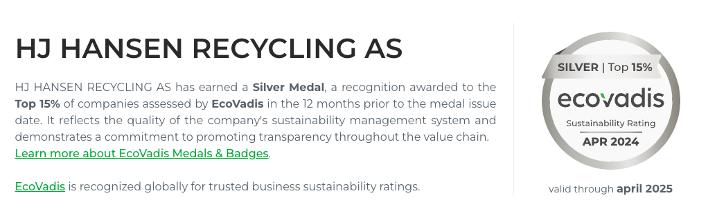 Sølv medalje fra EcoVadis, der indikerer at HJHansen Recycling Group er i top 15% indenfor bedste Sustainability Rating